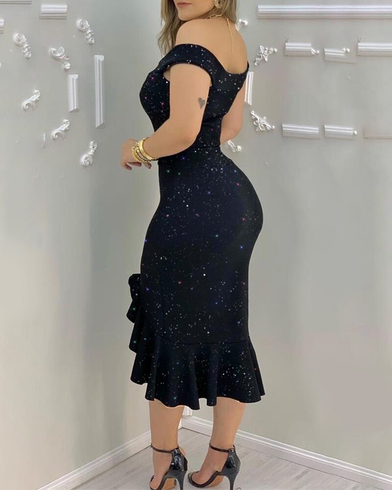 Elegant Glitter OffShoulder Ruffles Slit Midi Dress Party Solid Dress