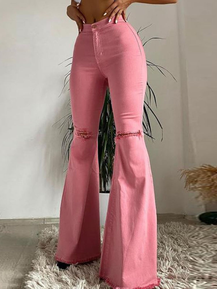 Buttlifting Ripped Raw Edge Flared Pants Colorful Highstretch Women's Denim Trousers