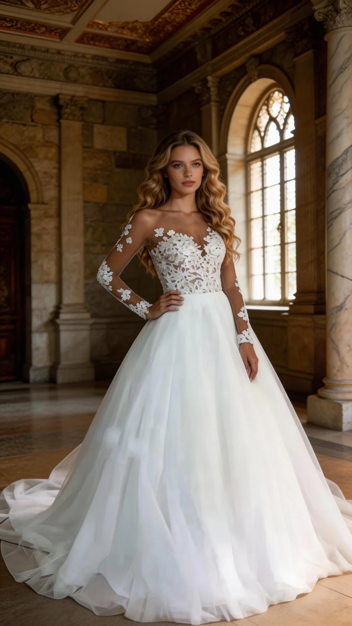 2025 Illusion Scoop Long Sleeve Wedding Dresses Lace Appliques Sheer Back White/ Ivory Tulle Wedding Dress Lace Wedding Gowns (ZD13288)