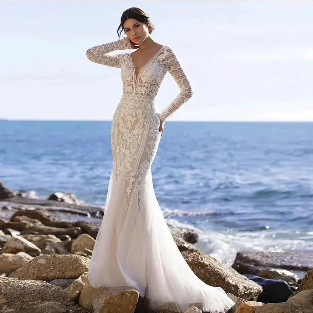 Mermaid Bride Gowns Long Sleeve V-Neck Lace Appliques Sexy Open Back Tulle Wedding Dresses Sweep Train Vestidos De Noive (ZD14136)