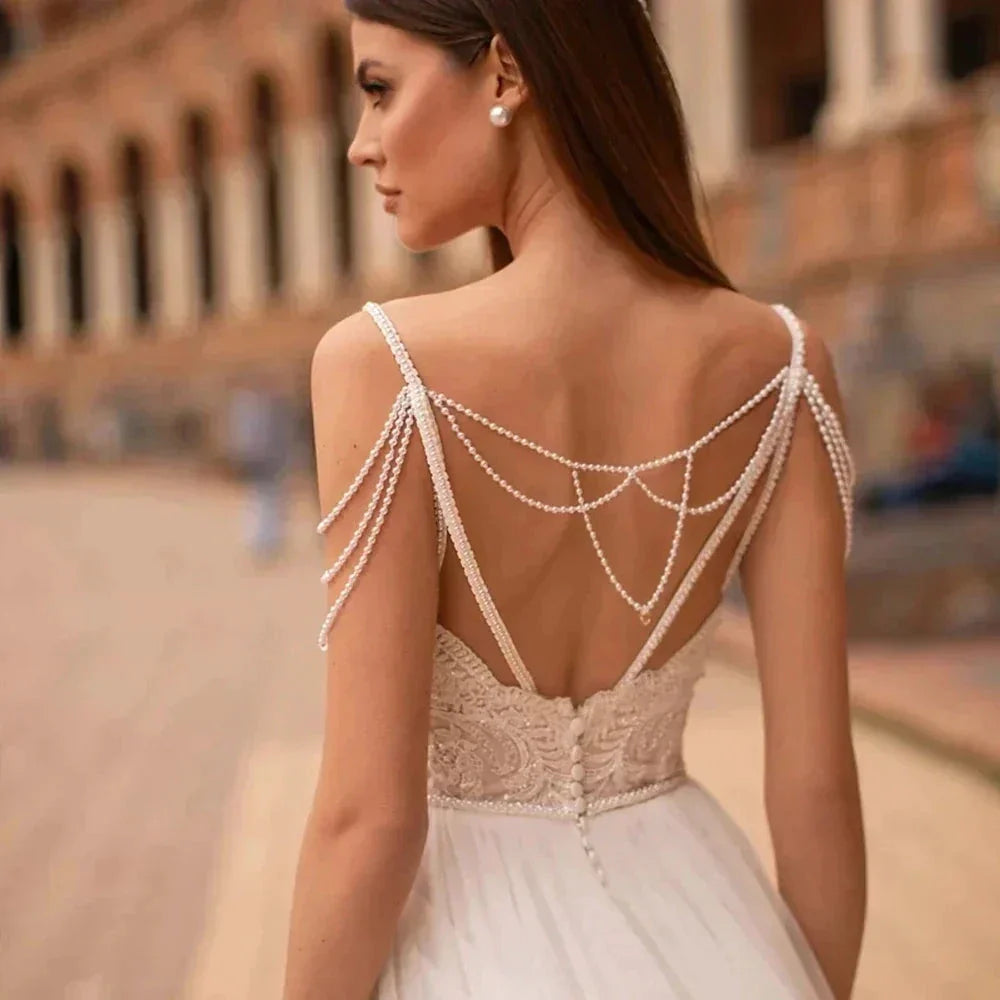 Modern Pearls Chain Wedding Dresses Tulle Appliqued Lace Engagement Bridal Party Bride Gowns Robes De Mariée Custom Made (ZD14032)