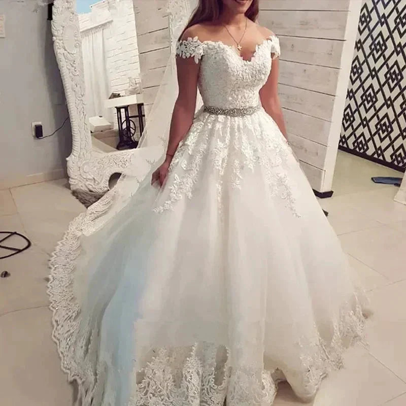 Off Shoulder Embroidery Charming Sweetheart White Wedding Dress Custom Made Size Ball Gown Wedding Dresse (ZD13295) - VelvetHem