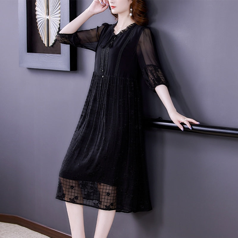 Vintage Silk Embroidery Loose Midi Long Dress