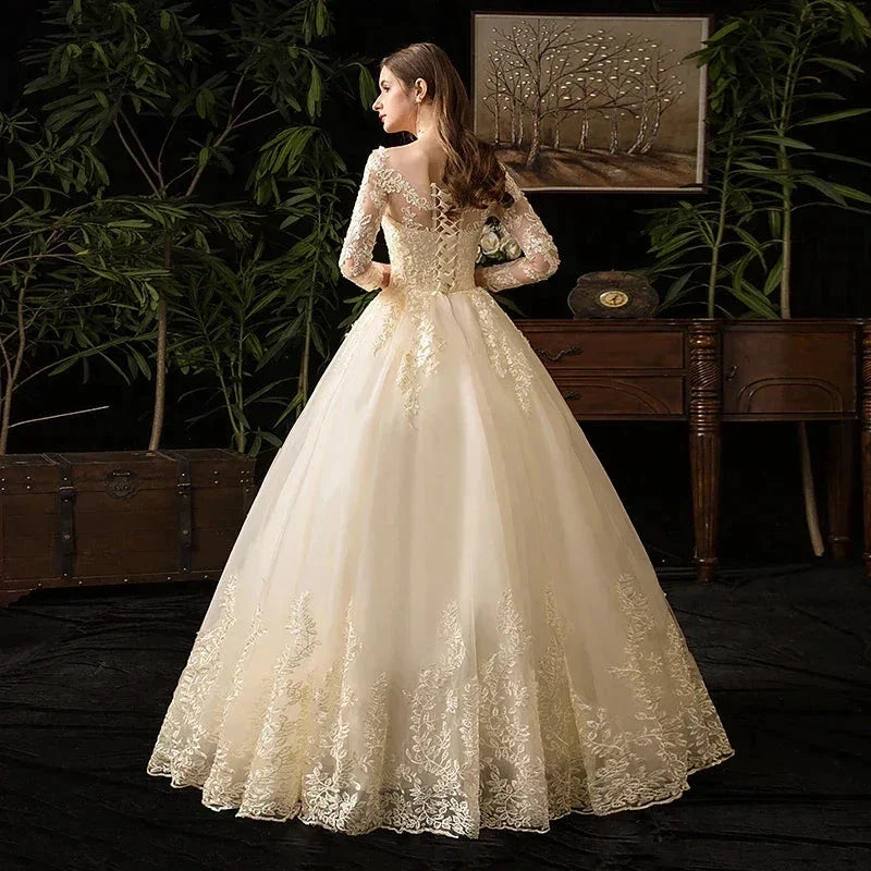 Wedding Dresses Muslim Champagne Full Sleeve Lace Bridal New Luxury Ball Gown Wedding Dress Vestido De Noiva (ZD13568)