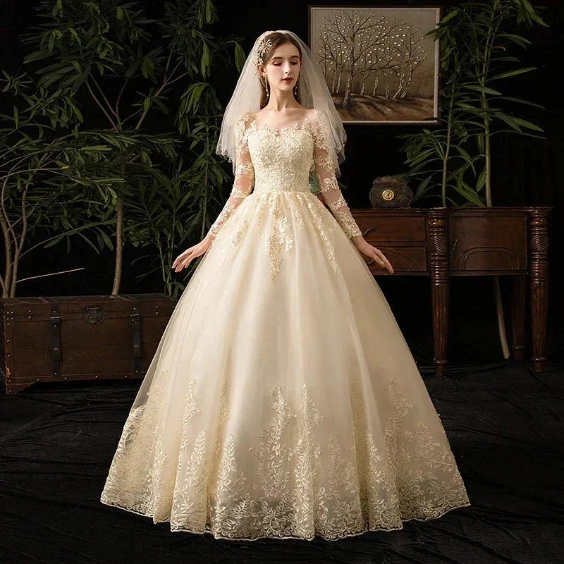Wedding Dresses Muslim Champagne Full Sleeve Lace Bridal New Luxury Ball Gown Wedding Dress Vestido De Noiva (ZD13568) - VelvetHem