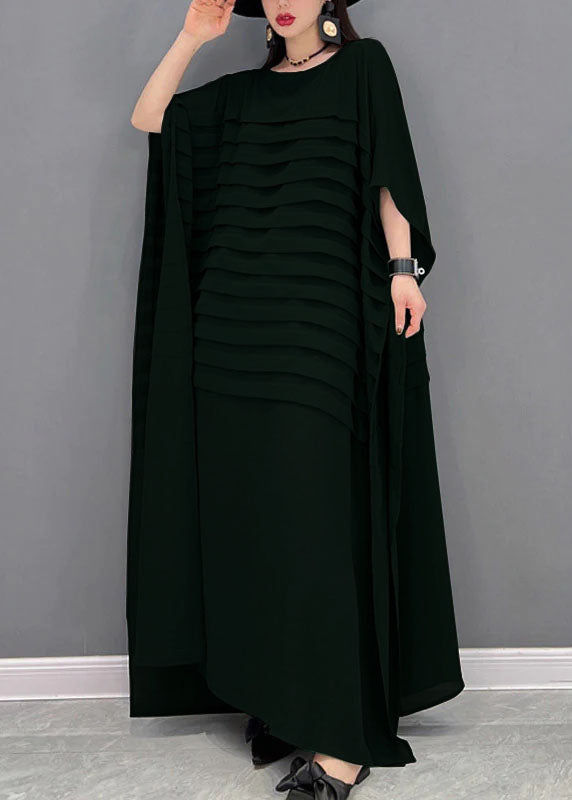 Casual Bohemian Green O-Neck Striped Chiffon Ankle Dress - Omychic