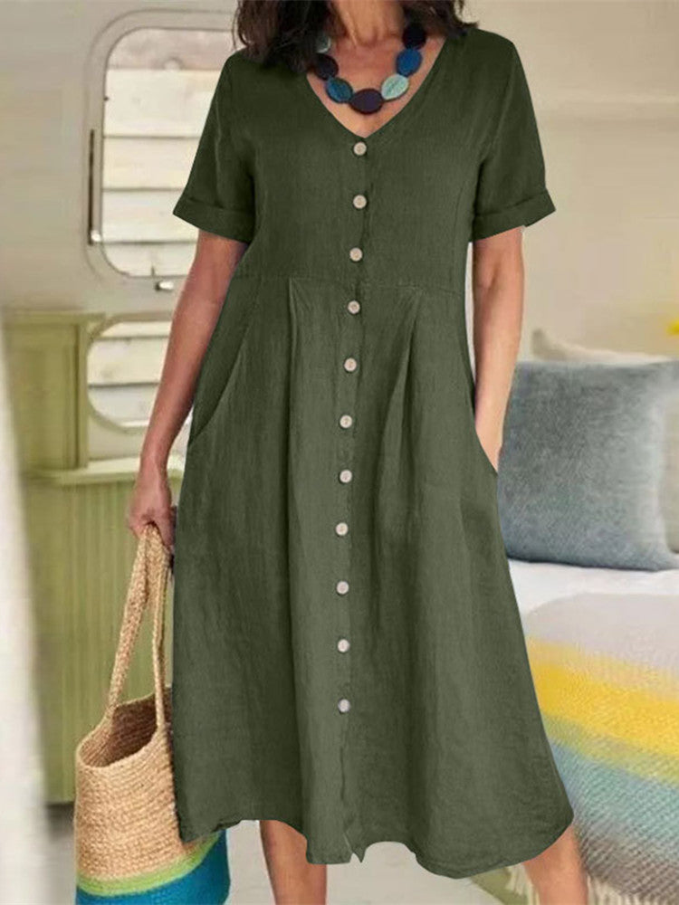 V Neck Linen Button Down Midi Dress with Pocket In Army Green