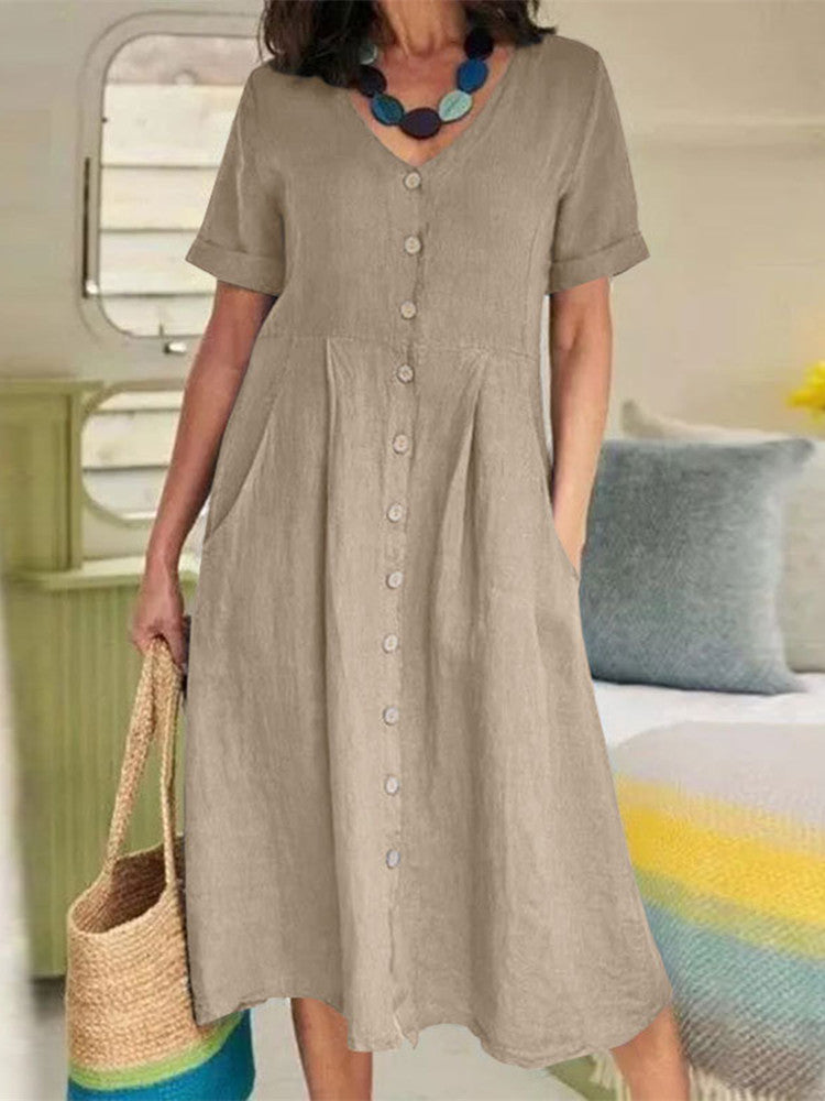 V Neck Linen Button Down Midi Dress with Pocket In Khaki
