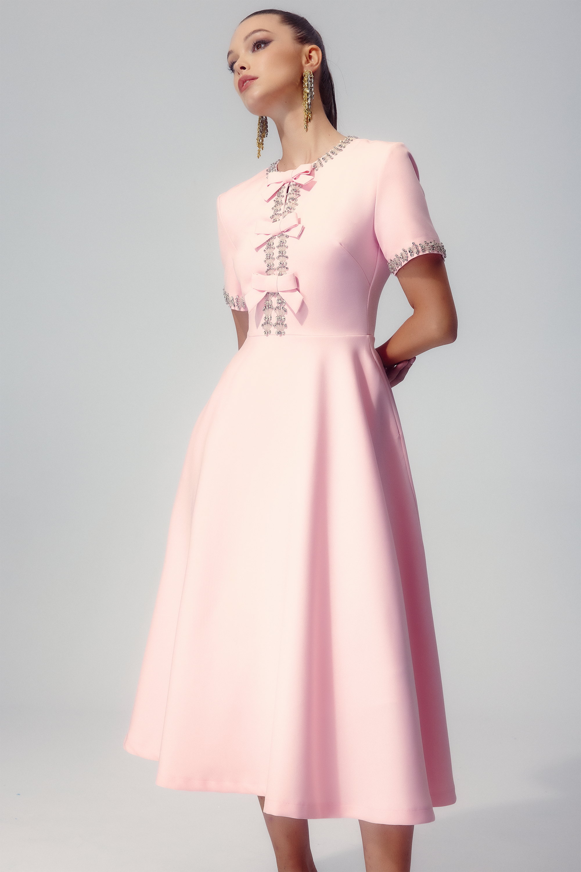 Mercedes Minimalist Midi Dress with Bow and Crystal Embellishment Chic Silhouette Collection