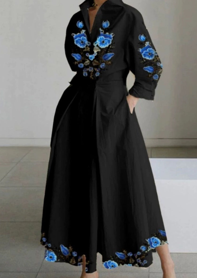 Colorful Printed Peter Pan Collar Pockets Cotton Dress Long Sleeve - Omychic