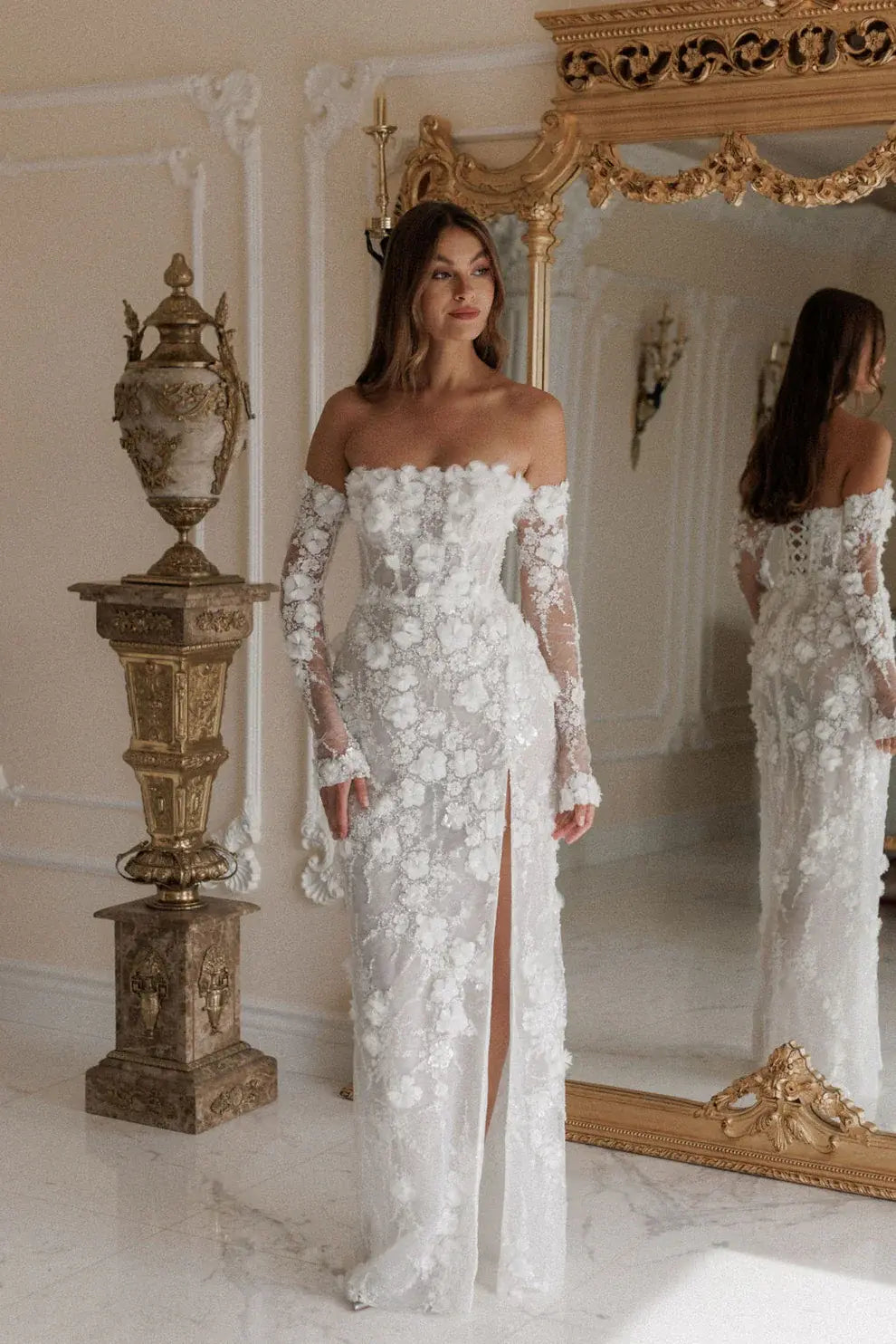Luxury 3D Floral Sequin Strapless Wedding Dress with Detachable Sleeves ZP188
