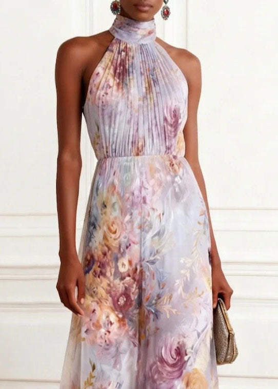 2026 New Hanging Neck Print Chiffon Long Dresses Sleeveless