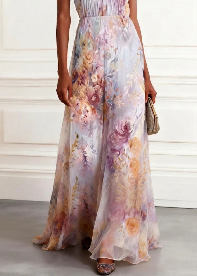 2026 New Hanging Neck Print Chiffon Long Dresses Sleeveless