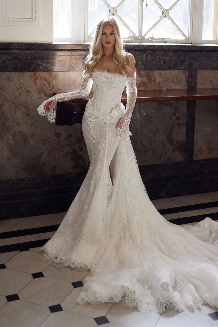 White Lace Applique Corset Bridal Gown with Cathedral Train ZP204