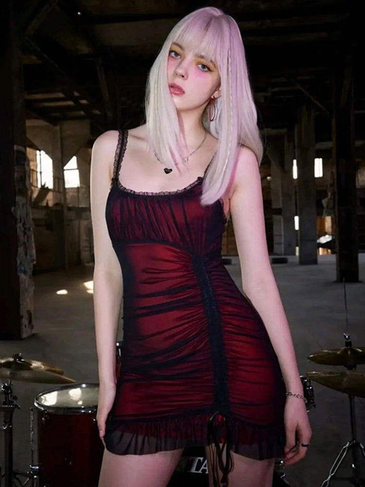 Dark Red Double Mesh Drawstring Ruched Sleeveless Mini Bodycon Vintage Aesthetic Dress - VelvetHem
