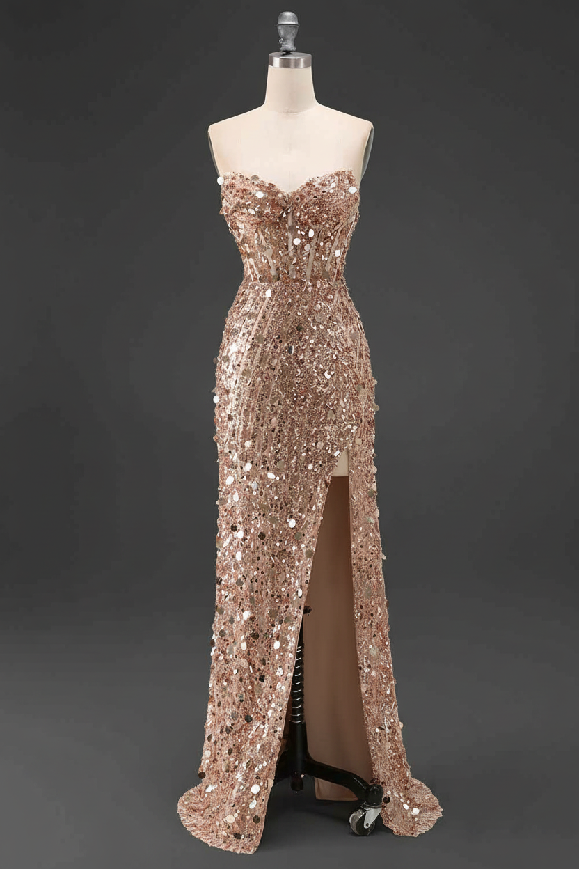 Sparkly Gold Fully Beaded Prom Dress with Deep V Neck Slit and Open Back (ZD17393)