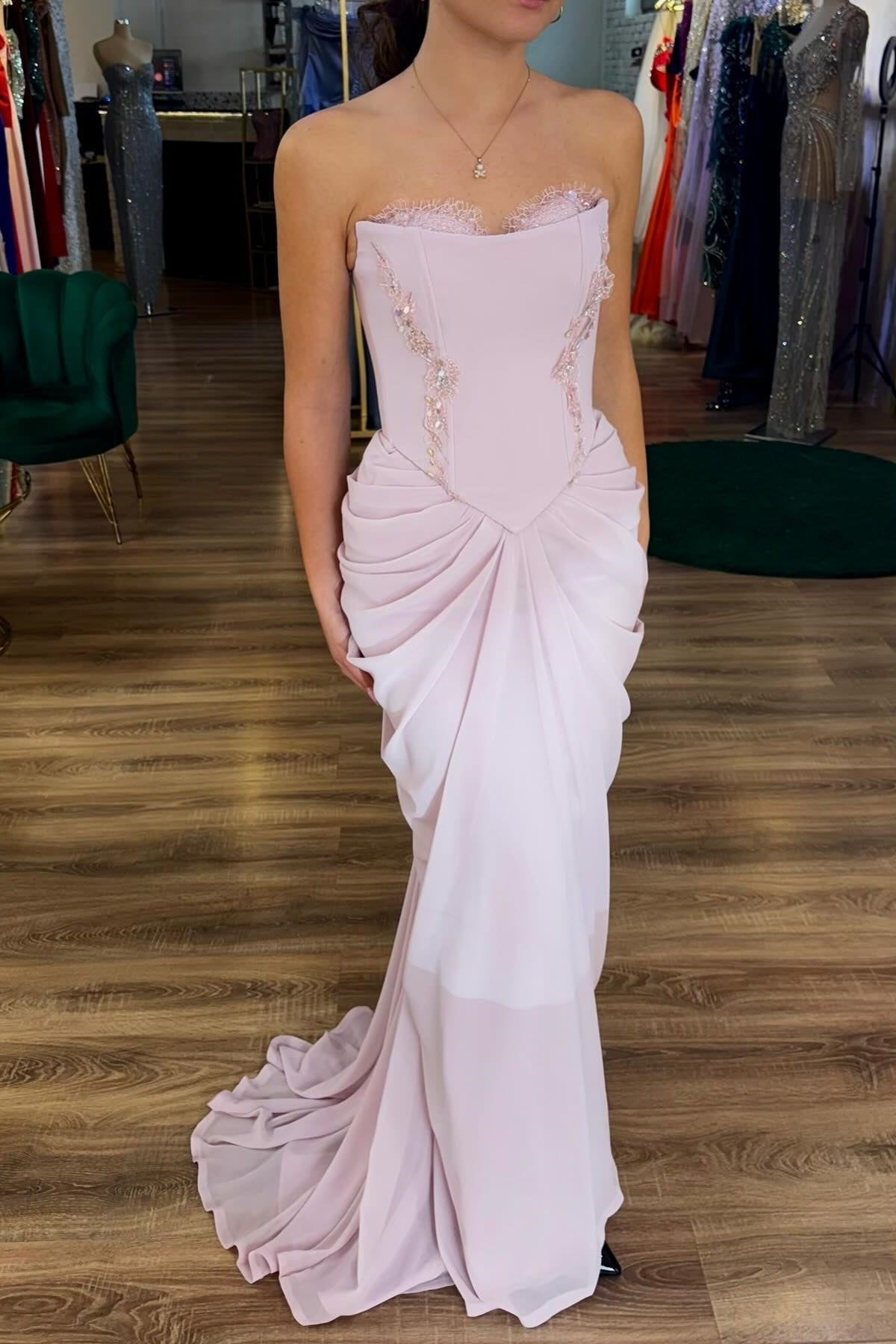 Princess Mermaid Strapless Pink Corset Long Party Dress with Ruffles - VelvetHem