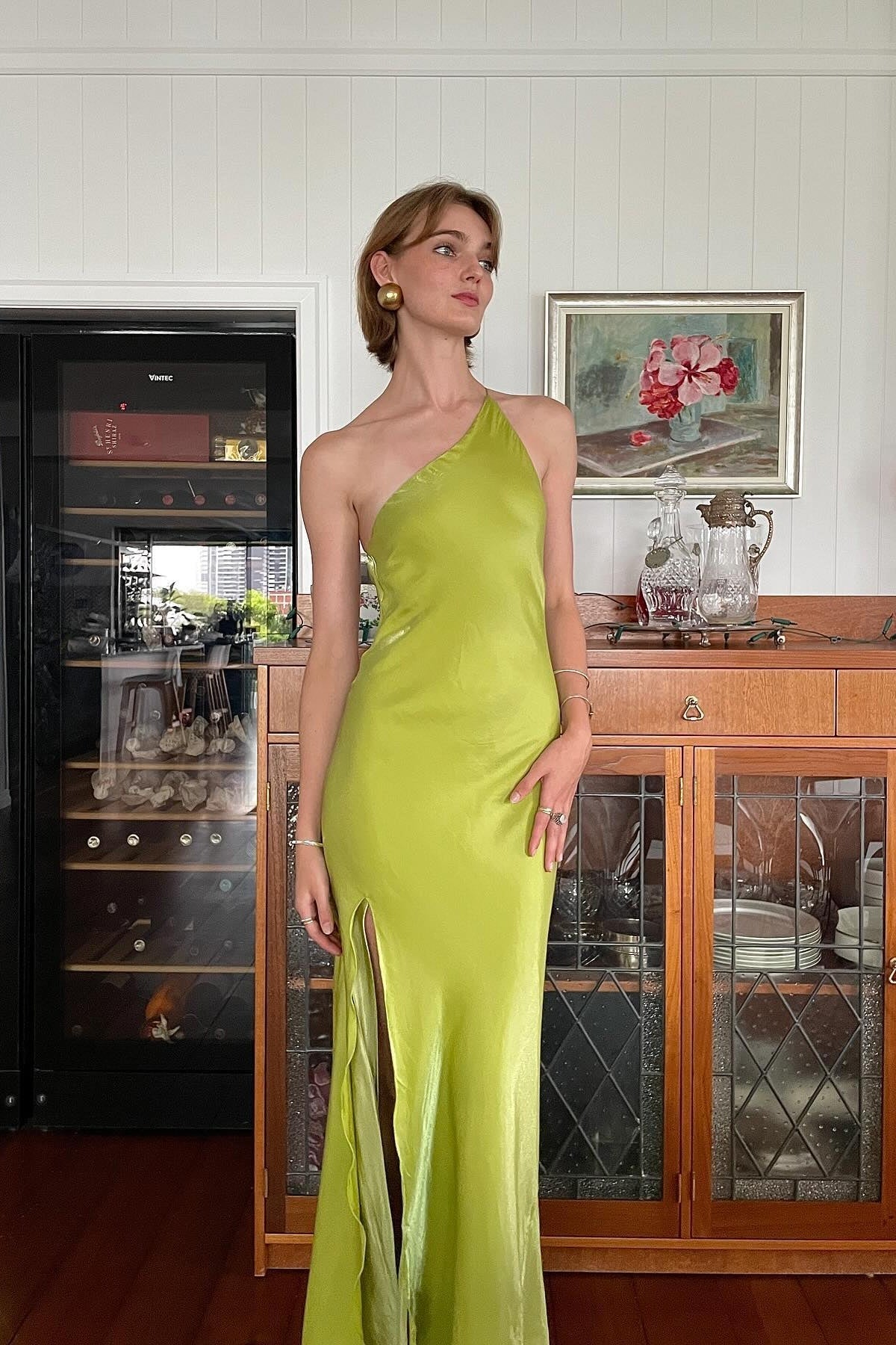 Chic Sheath One Shoulder Light Green Long Party Dress with Split Front