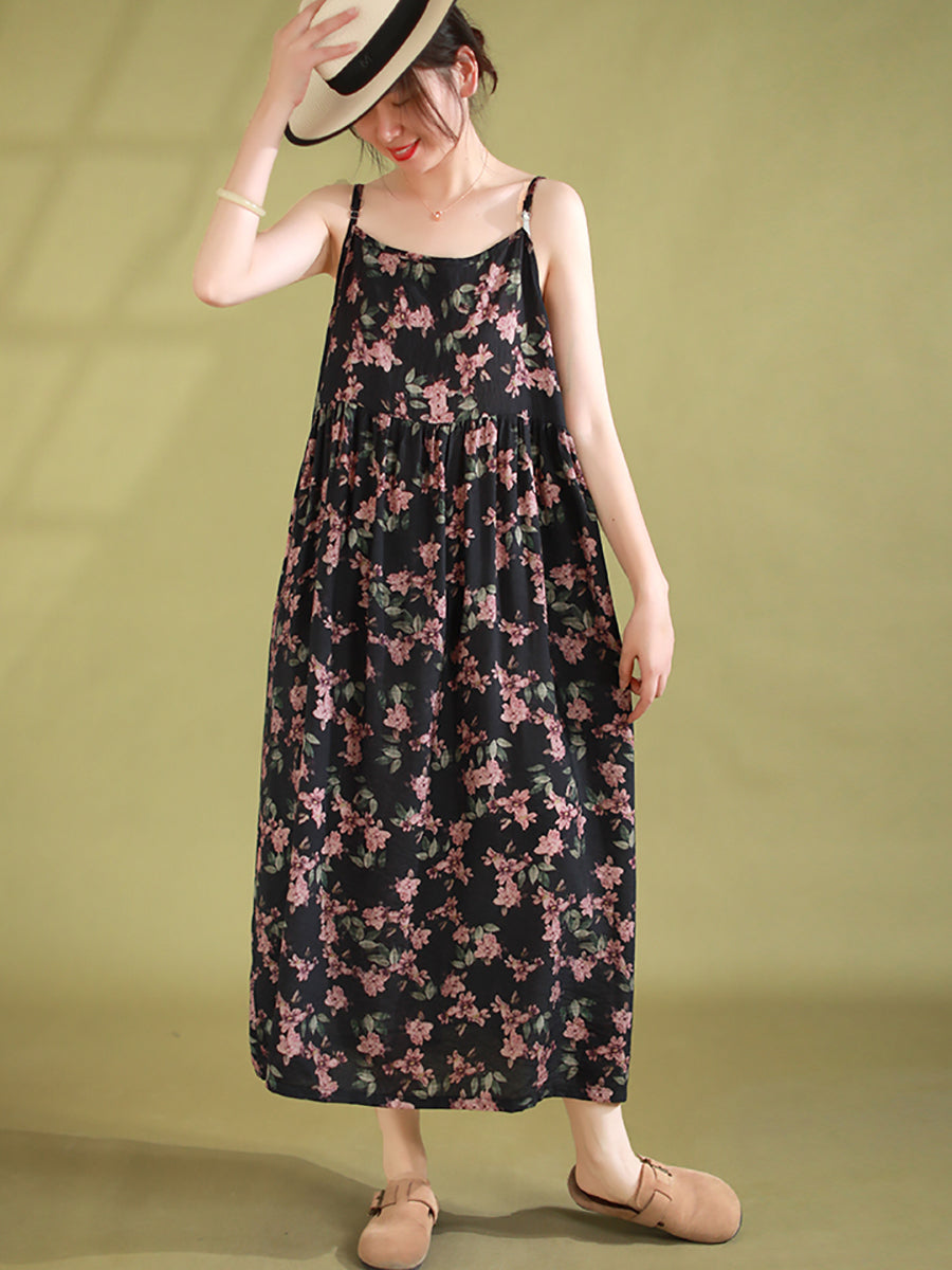 Women Summer Vintage Floral Pleated Loose Dress Sleeveless