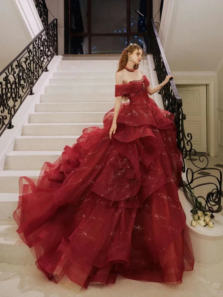 Fairy Off-Shoulder A-Line Red Evening Dress, Sparkling Dress Ball Gown Wedding Dress (ZD13724)
