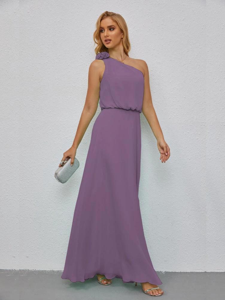 Ruffled One Shoulder Sleeveless Long Bridesmaid Dresses A-line Formal Evening Gown Side Split 28080 by numbersea