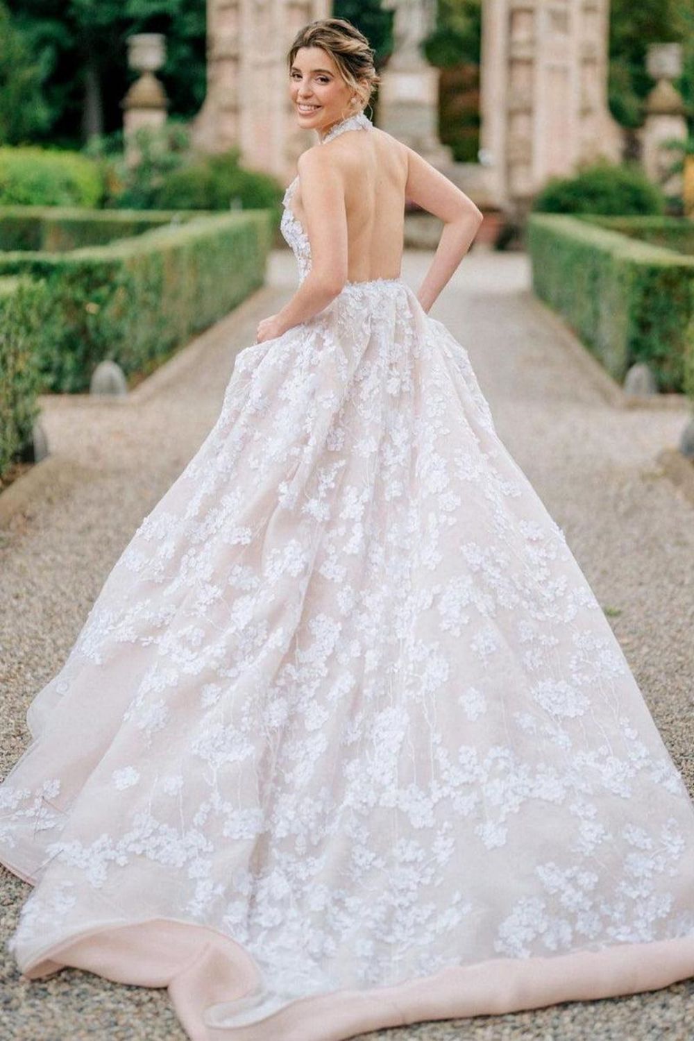 Luxurious A Line Halter Neck Light Champagne Long Prom Dress with Appliques - View 2 | VelvetHem