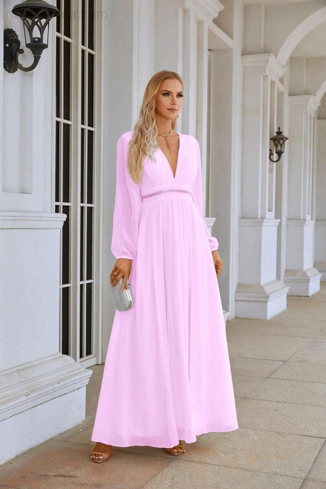 Ladies V Neck Chiffon Long Sleeve Front Slit Bridesmaid Evening Dress Wedding Party Shopping Evening Dress 28109 (ZD16991)