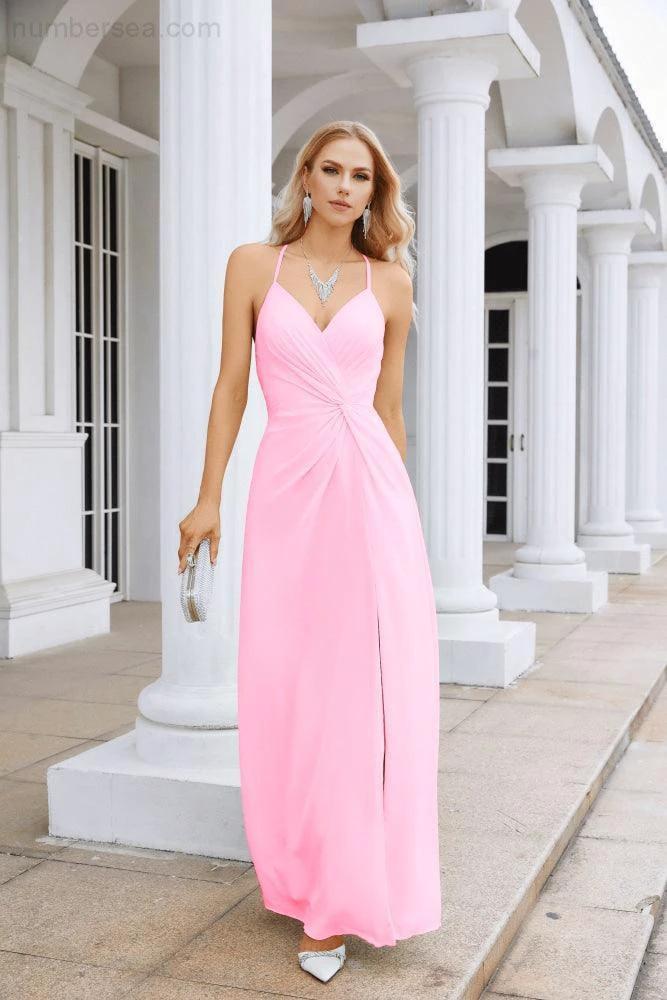 Ladies Chiffon Spaghetti Strap V Neck Front Slit Floor Length Bridesmaid Evening Dress Prom Party Wedding Evening Dress 28116 (ZD17012)