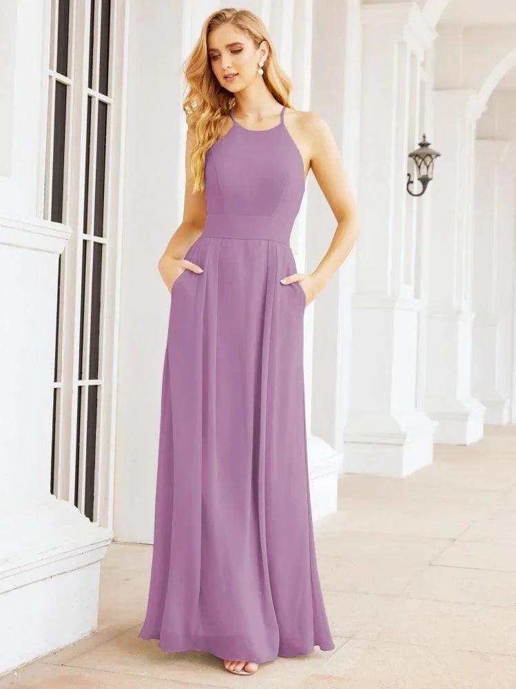Numbersea Halter Bridesmaid Dresses with Pockets Sleeveless Formal Evening Party Prom Gowns 28055 by numbersea