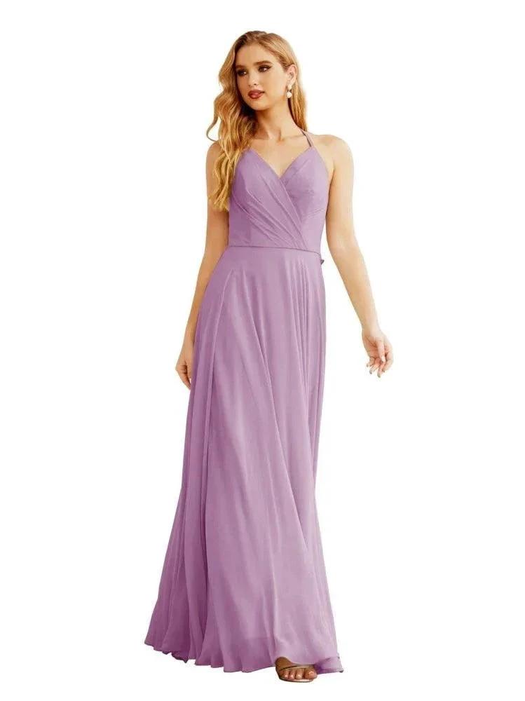 Women's Halter Chiffon Bridesmaid Dresses Wedding Apparel Long Sleeveless Formal Prom Dress with Ruffled Back SEA28035 by numbersea