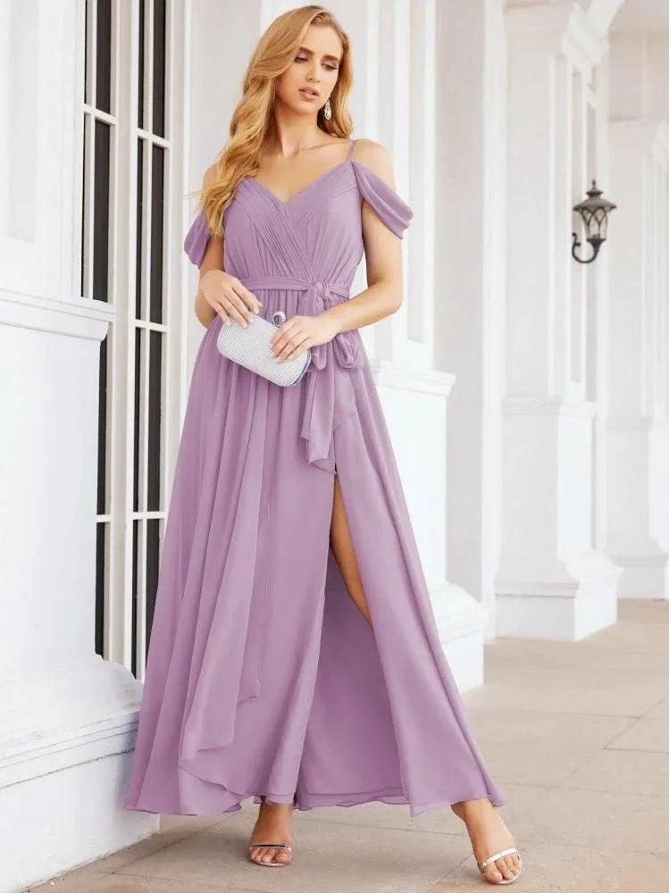 Numbersea Off The Shoulder Chiffon Bridesmaid Dress Long Formal Graduation Gown with Cowl Back 28069 by numbersea