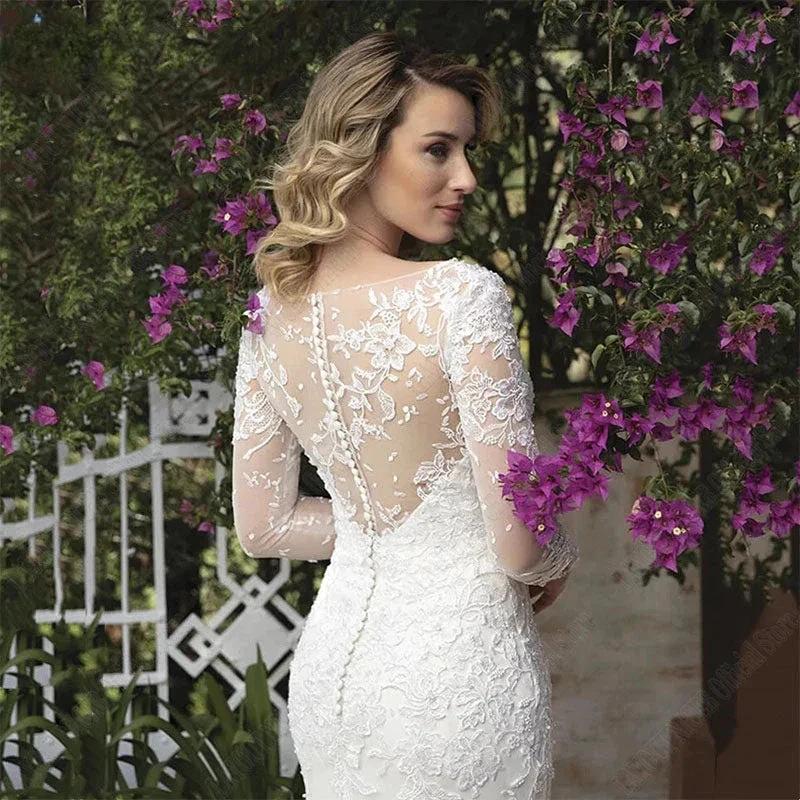V Neck Wedding Dresses Mermaid Appliques Long Sleeves Bridal Dress Vestidos De Noiva Mariage Custom Made Vintage (ZD13462)