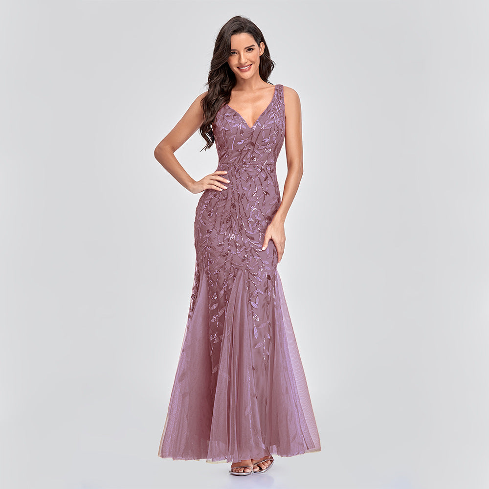 Dress Sleeveless V - neck Embroidery Sequin Slim Fishtail Bridesmaid Evening Dress for