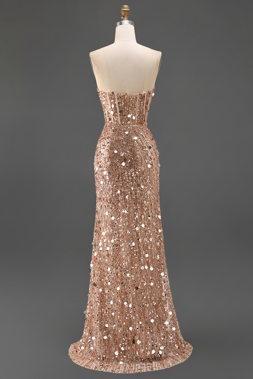 Sparkly Gold Fully Beaded Prom Dress with Deep V Neck Slit and Open Back (ZD17393)