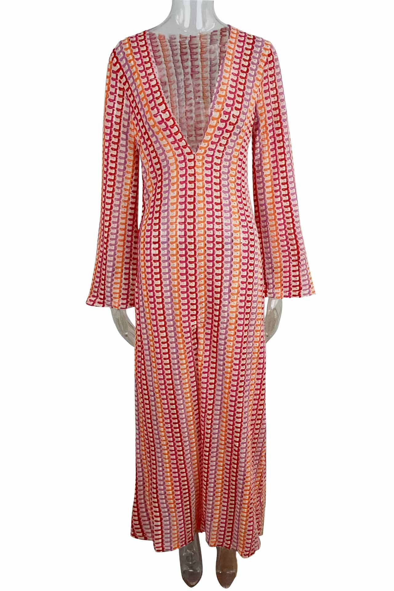 Pilar Chic Boho V Neck Bell Sleeve Maxi Dress, Wavy Striped Crochet Beach Holiday Dress Evening Wear Edit