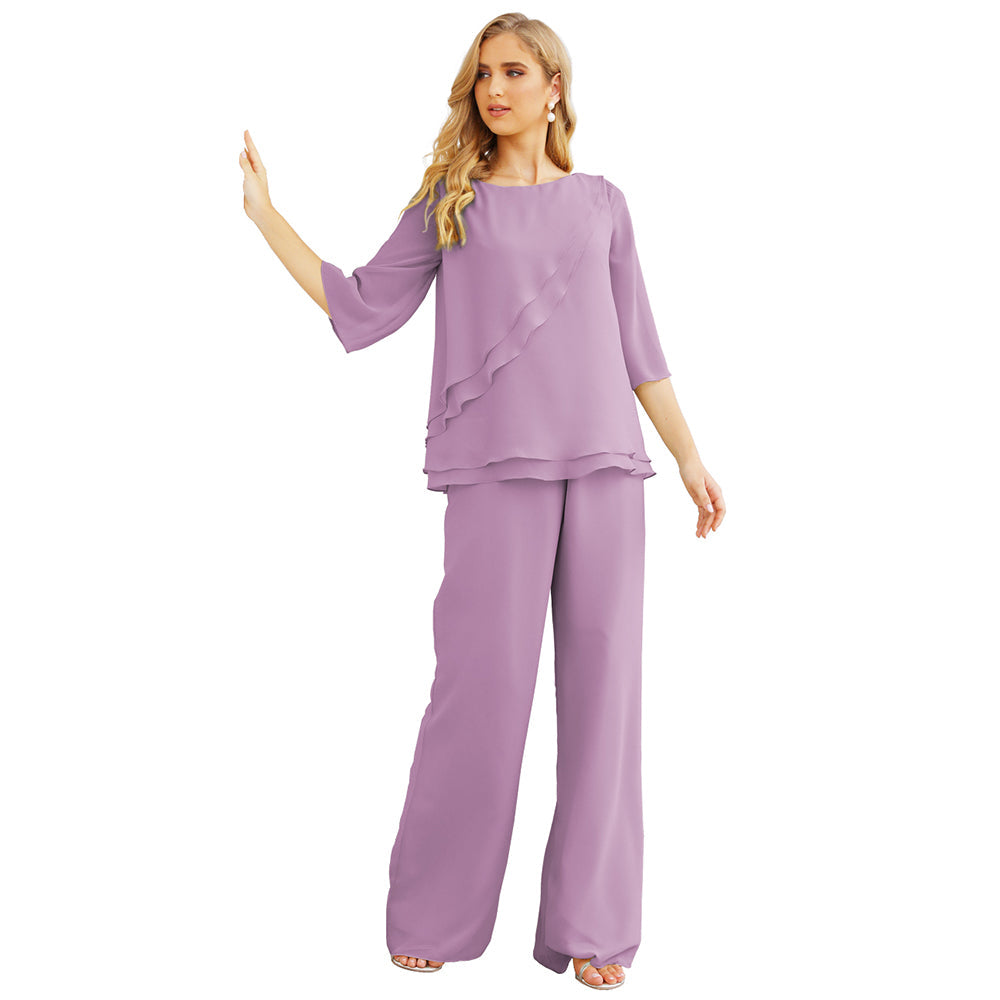 Sunnderly Chiffon Mother of The Bride Dress Plus Size Pant Suits Ruffle Layers