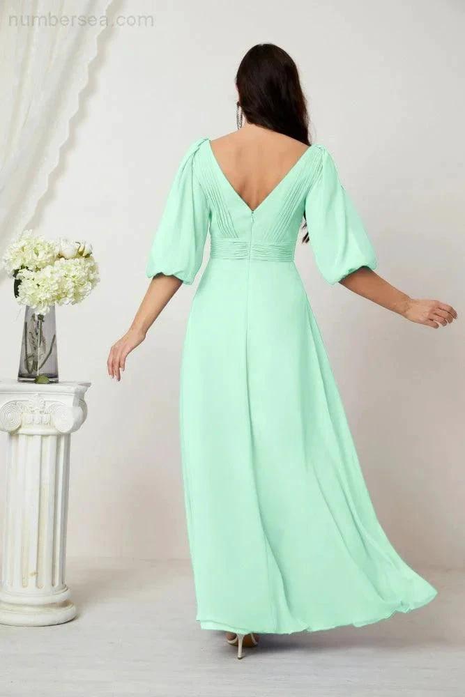 ZapDress  Formal Prom Gown Women V-Neck Chiffon Bridesmaid Dresses Long Bishop Sleeve Party Dress 2807 (ZD17027)