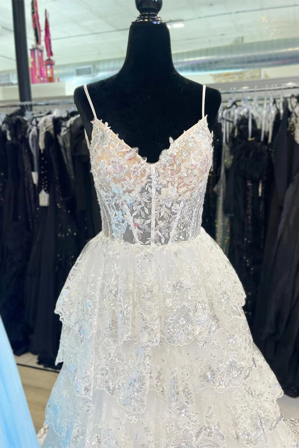 Gorgeous A Line Spaghetti Straps Navy Corset Prom Dress with Ruffles
