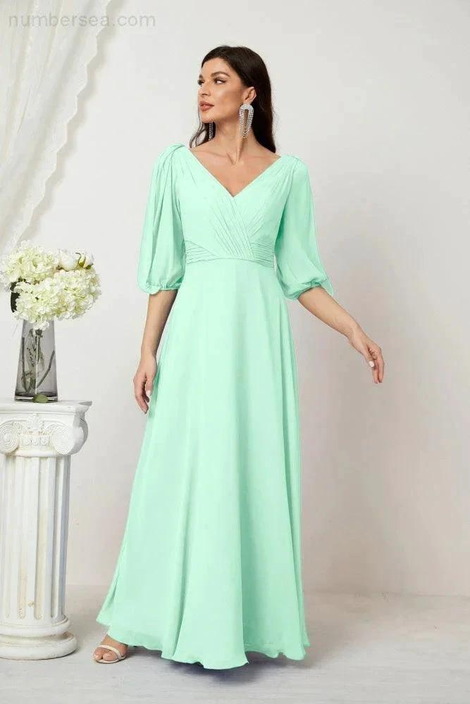 ZapDress  Formal Prom Gown Women V-Neck Chiffon Bridesmaid Dresses Long Bishop Sleeve Party Dress 2807 (ZD17027)