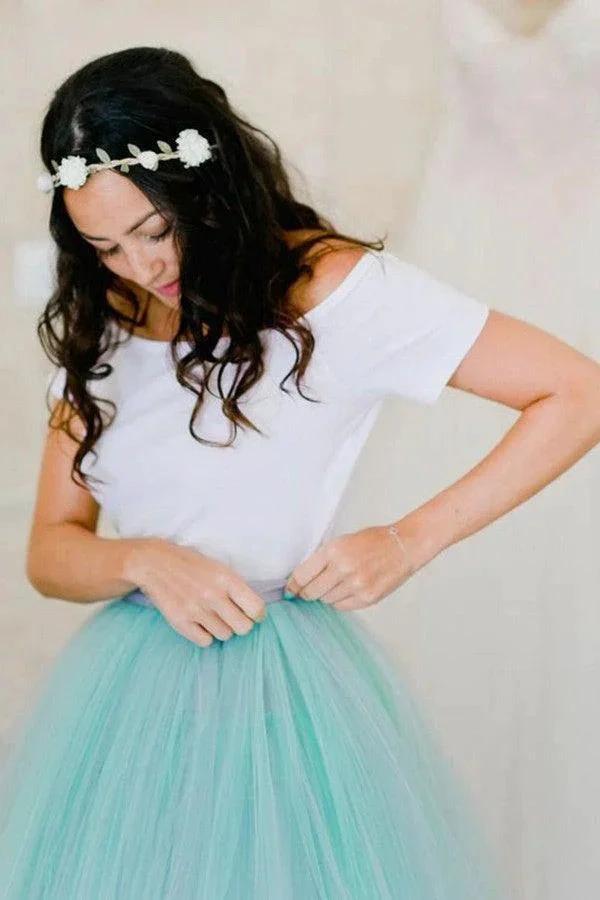 Two Piece Spaghetti Straps Sweep Train Mint Tulle Bridesmaid Dress (ZD13255)