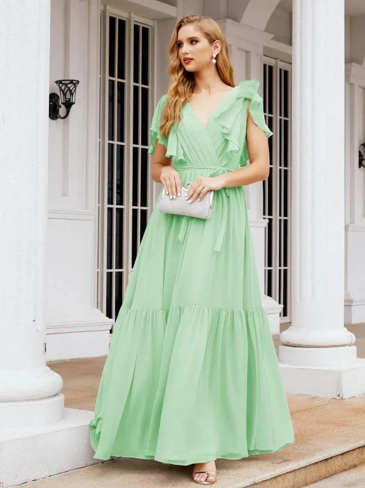 Numbersea Women's Open Back Formal Evening Party Prom Gowns V-Neck Long Chiffon Bridesmaid Dresses with Waist Belt 28038 by numbersea