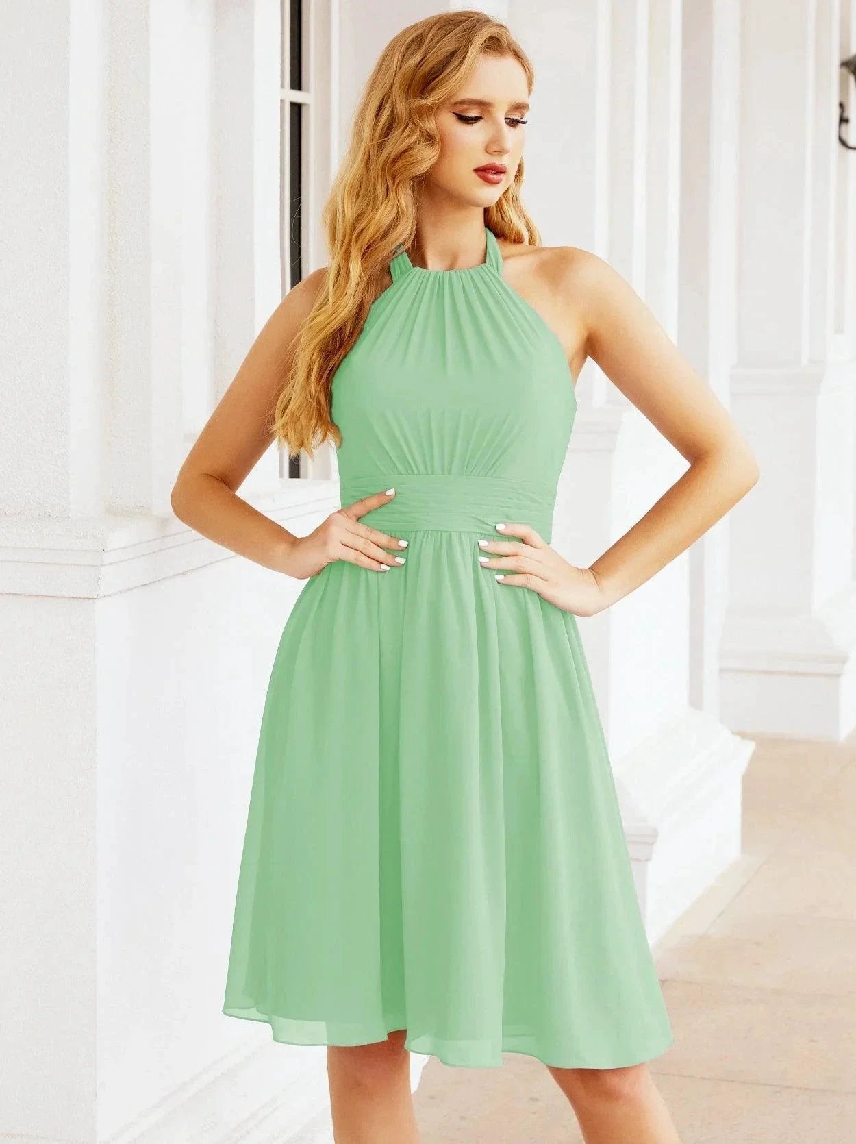 ZapDress Halter Chiffon Bridesmaid Dresses Short Sleeveless Formal Party Dress Open Back 28023 (ZD16957)