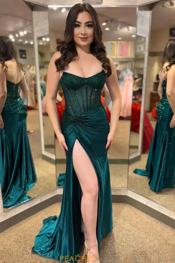 Gorgeous Gold Mermaid Strapless Long Beaded Prom Dress With High Slit
