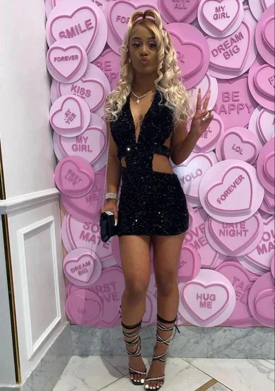 Black Sequins Waist Cut Club Dress Cute Black Homecoming Dress Y329 by simplepromdress