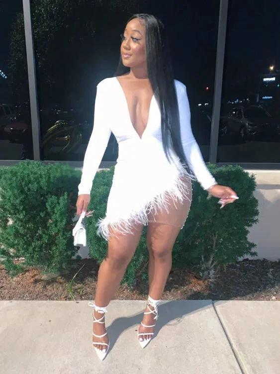 Solid Plunge Fluffy Irregular Party Dress White Dresses Sexy White Homecoming Dress (ZD12553) - VelvetHem