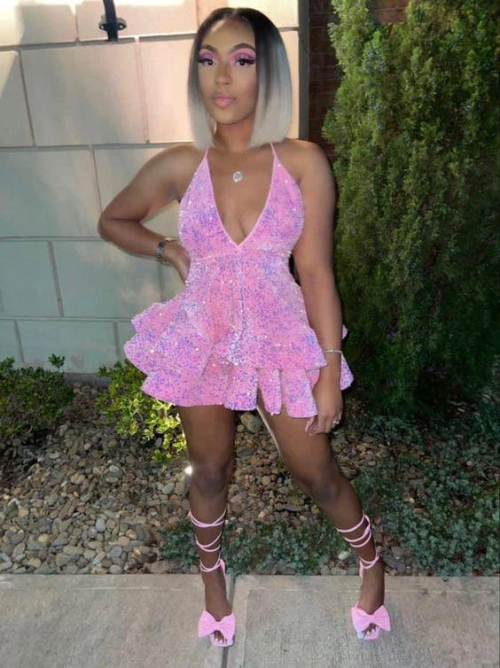 Sexy Pink Sequin Short Homecoming Dresses Mini Halter Neck Backless African Black Girl Party Graduation Dress Y327 by simplepromdress