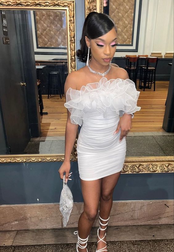 White Short Homecoming Dress With Ruffles Sexy Hoco Dresses Y334 - VelvetHem