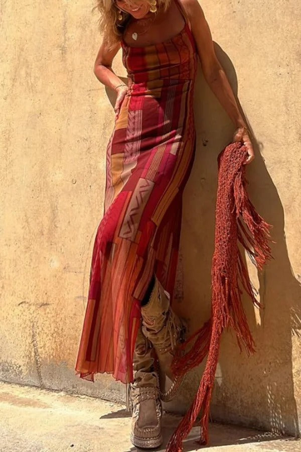 Griselda Exclusive Midi Dress with a Unique Gypsy Style Print, Cowl Neckline At the Back, Lace Up Fastening and Slit Evening Wear Edit