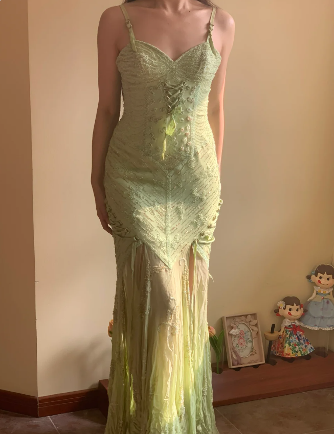 Beautiful Green Mermaid Beaded Embroidered Strappy Slit Chiffon Long Prom Dress Evening Dress