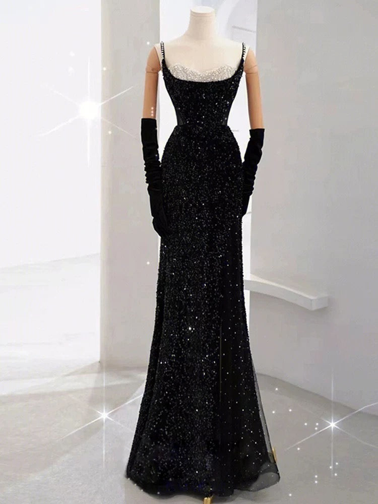 Elegant Mermaid Spaghetti Straps Black Sequin Long Prom Dresses Party Dress With Beads - View 2 | VelvetHem